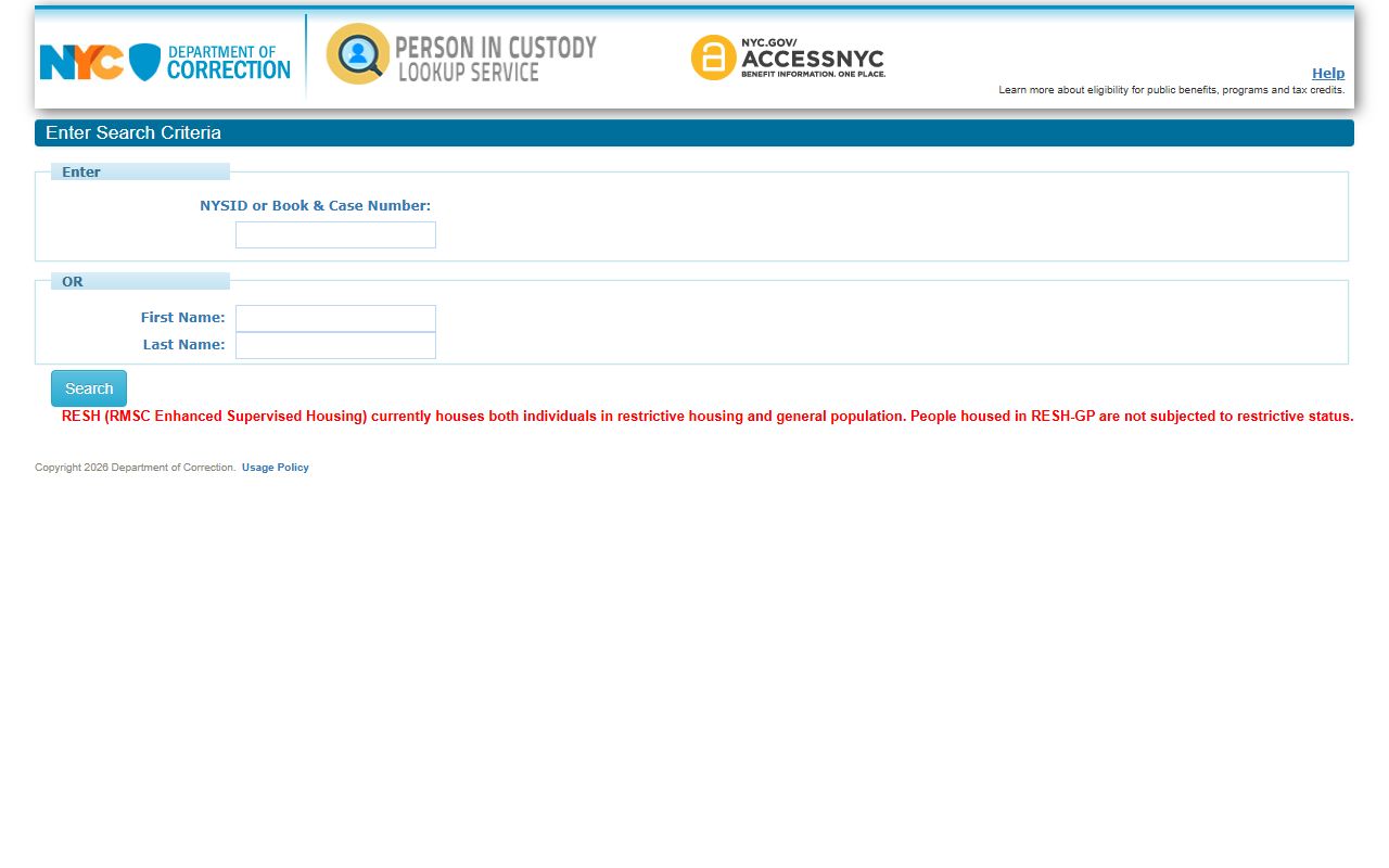 Queens County inmate lookup form for NYC DOC custody search